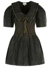 Ganni Cotton Dress With Puff Sleeves And Ruffled Collar In Black