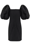 Ganni Cotton Poplin Puff Sleeve Mini Dress In Black (black)