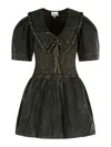 Ganni Cotton Dress With Puff Sleeves And Ruffled Collar In Green