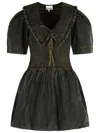 Ganni Cotton Dress With Puff Sleeves And Ruffled Collar In Green