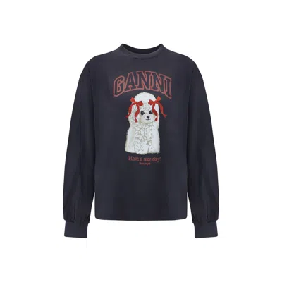 GANNI BLACK COTTON LONG SLEEVE T-SHIRT