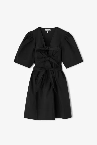 Ganni Belted Bow-embellished Stretch-cotton Poplin Midi Dress In Black