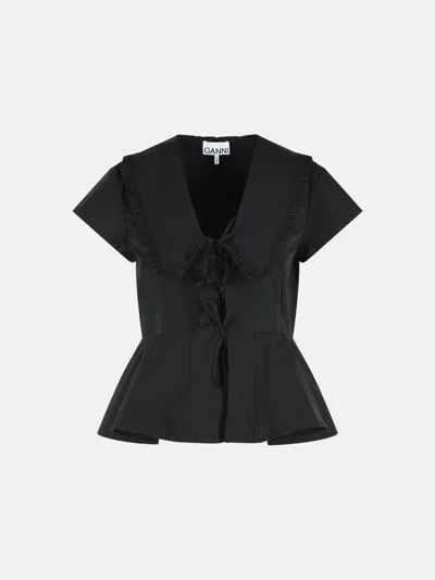 Ganni Organic Cotton Sailor Collar Lace-up Peplum Top In Black