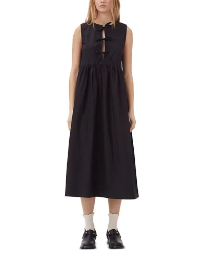 Ganni Tie String Poplin Dress In Black