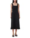 Ganni Black Cotton Poplin Midi Strap Smock Dress In Black