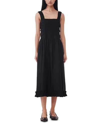 GANNI BLACK COTTON POPLIN MIDI STRAP SMOCK DRESS