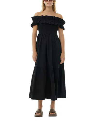 GANNI BLACK COTTON POPLIN OFF-THE-SHOULDER LONG SMOCK DRESS