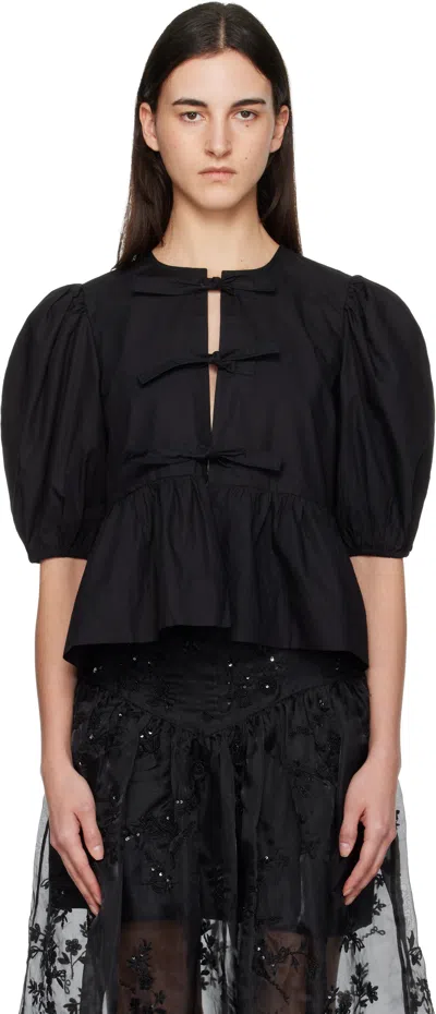 Ganni Poplin Front-tie Peplum Blouse With Puffed-sleeves In Black