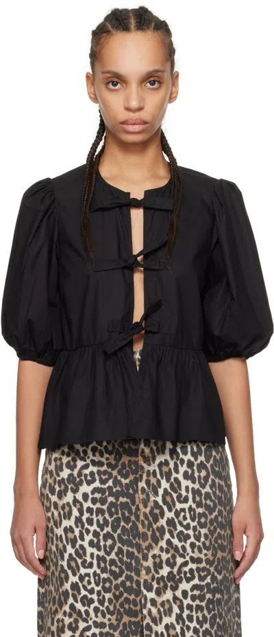 GANNI BLACK COTTON POPLIN PEPLUM TIE BLOUSE