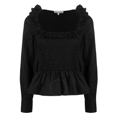 GANNI GANNI BLACK COTTON POPLIN RUFFLED SMOCK BLOUSE