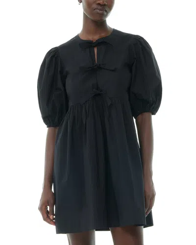 GANNI BLACK COTTON POPLIN TIE STRING MINI DRESS