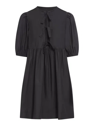 GANNI BLACK COTTON POPLIN TIE STRING MINI DRESS