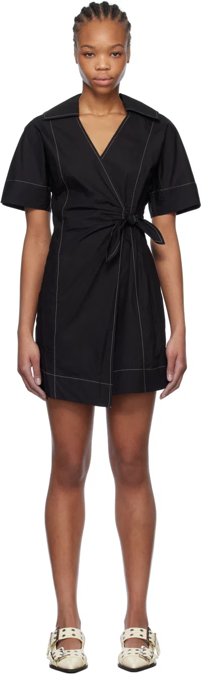 Ganni Black Cotton Poplin Wrap Minidress In 099 Black