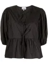 Ganni Cotton Peplum Top With Bow And Flounces In Black