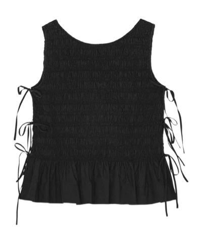 Ganni Black Cotton Smock Tie Top