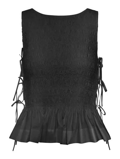 Ganni Black Cotton Top With Layers In Blue