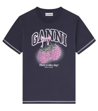 Ganni Black Crew Neck Graphic Print T-shirt In Blue