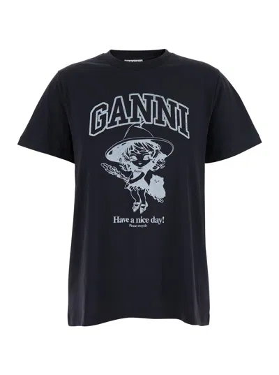Ganni Black T-shirt With Logo Print