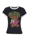 Ganni Black Crewneck T-shirt With Maxi Logo On The Front In Cotton Jersey Woman In Black