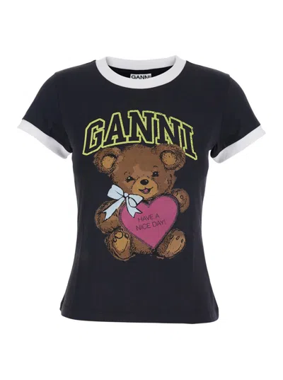 Ganni Black Crewneck T-shirt With Maxi Logo On The Front In Cotton Jersey Woman