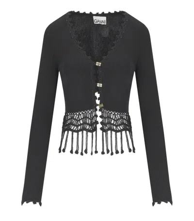 Ganni Black Crochet Cropped Cardigan