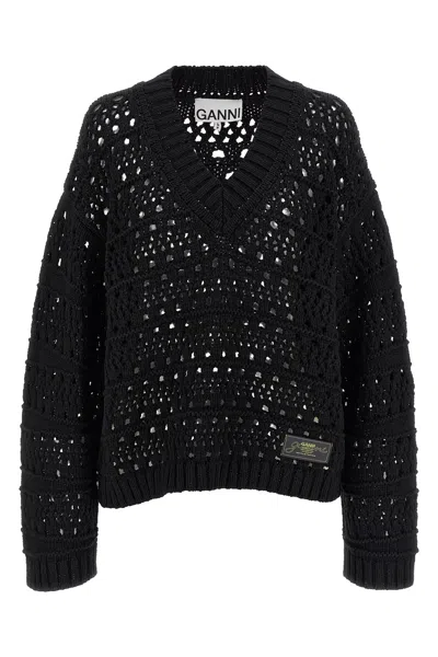 GANNI GANNI 'BLACK CROCHET V-NECK' SWEATER