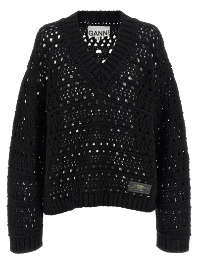 GANNI BLACK CROCHET V-NECK SWEATER