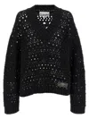 Ganni Black Crochet V-neck Sweater In Black
