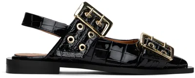 Ganni Black Croco Patent Buckle Ballerina Flats In 099 Black