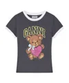Ganni T-shirt With White Hems And Teddy Bear Print In Gray