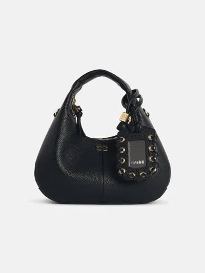 Ganni Black Leather Hobo Mini Grained Top Handle Bag