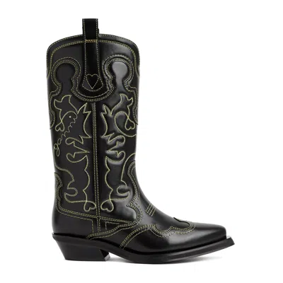 GANNI BLACK EMBROIDERED LEATHER WESTERN BOOTS