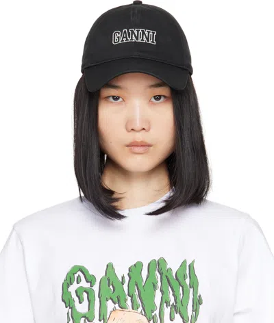 Ganni Black Embroidered Logo Cap In 099 Black