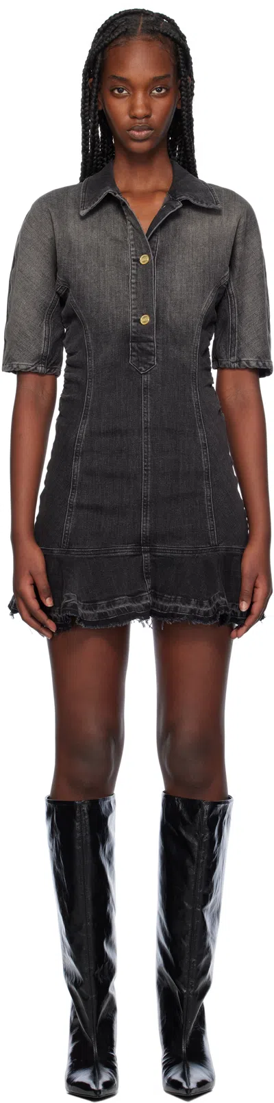 Ganni Black Faded Denim Minidress In 006 Washed Black/bla
