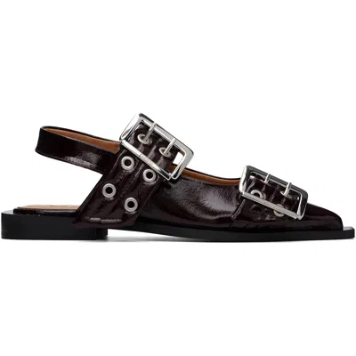 Ganni Black Feminine Buckle Ballerina Flats In Burgundy