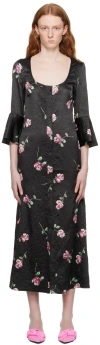 Ganni Floral-print Crinkled Midi Dress In 099 Black