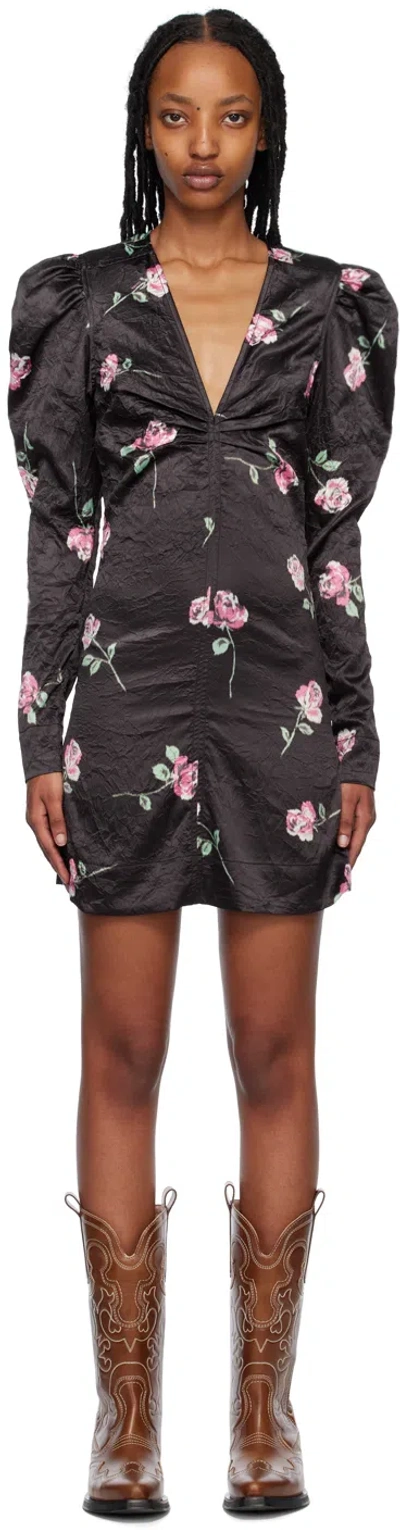 Ganni Floral Long Sleeve Crinkled Satin Dress In Black