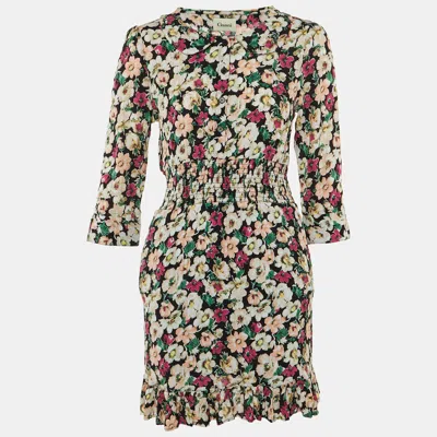 Pre-owned Ganni Black Floral Print Crepe Flounce Hem Dress L