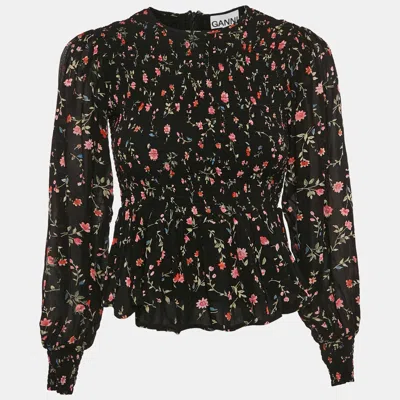 Pre-owned Ganni Black Floral Print Crepe Smocked Top Xs