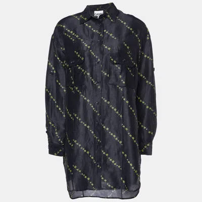 Ganni Black Floral Print Linen & Silk Button Front Shirt
