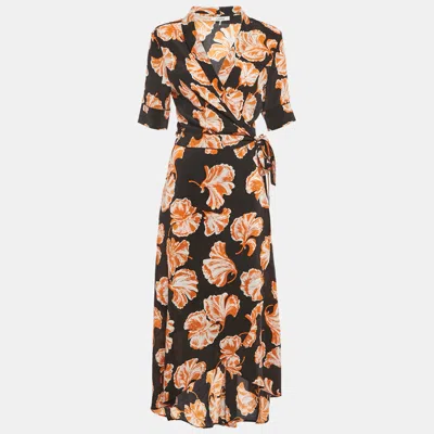 Pre-owned Ganni Black Floral Print Midi Wrap Dress M