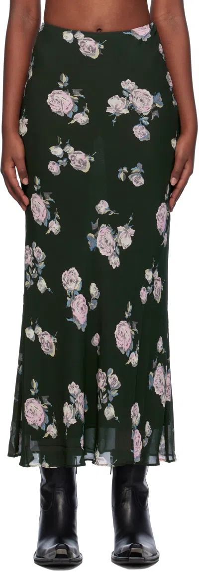Ganni Black Floral Printed Crepe Maxi Skirt In 771 Climbing Ivy