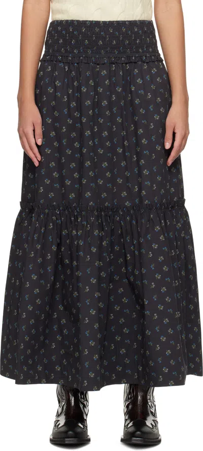 GANNI BLACK FLORAL PRINTED MAXI SKIRT