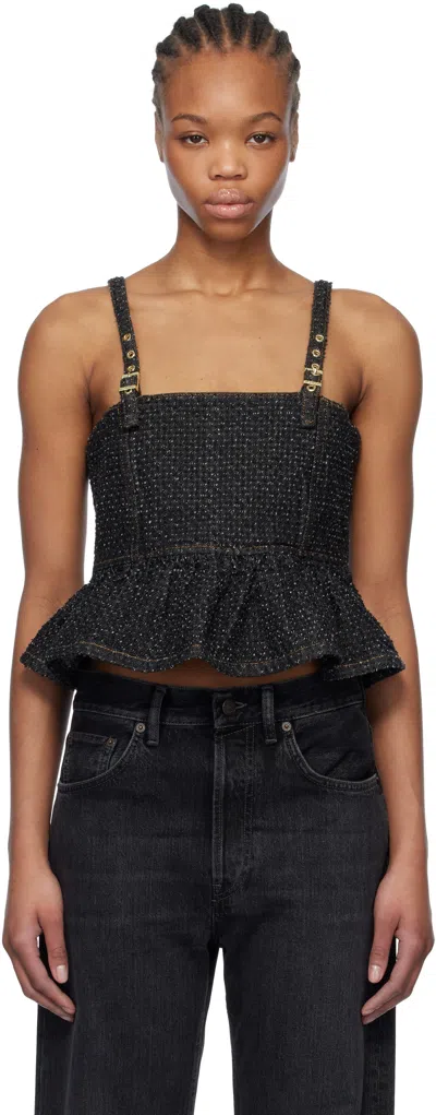 GANNI BLACK FLUFFY DENIM STRAP TOP