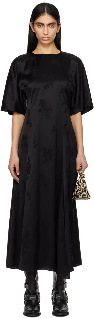Ganni Black Fluid Satin Jacquard Slit Maxi Dress In 099 Black