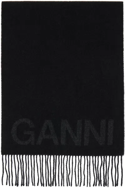 Ganni Black Recycled Wool Scarf Women
