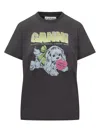 Ganni Organic Cotton T-shirt Featuring Dog Graphic In Black