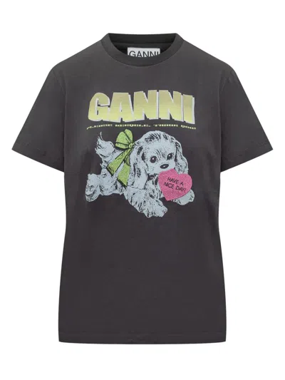 GANNI GANNI BLACK GANNI T-SHIRT WITH GRAPHIC PRINT