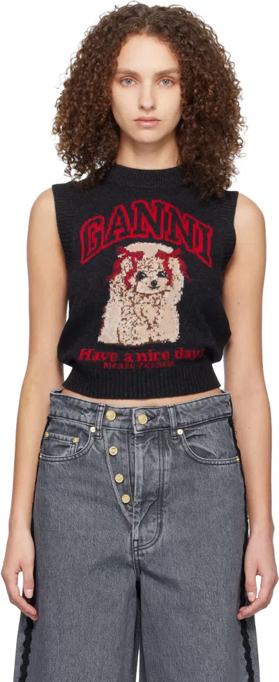 Ganni ブラック グラフィック ウール ベスト In Black