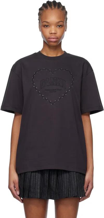 GANNI BLACK HEAVY COTTON DROP SHOULDER HEART T-SHIRT